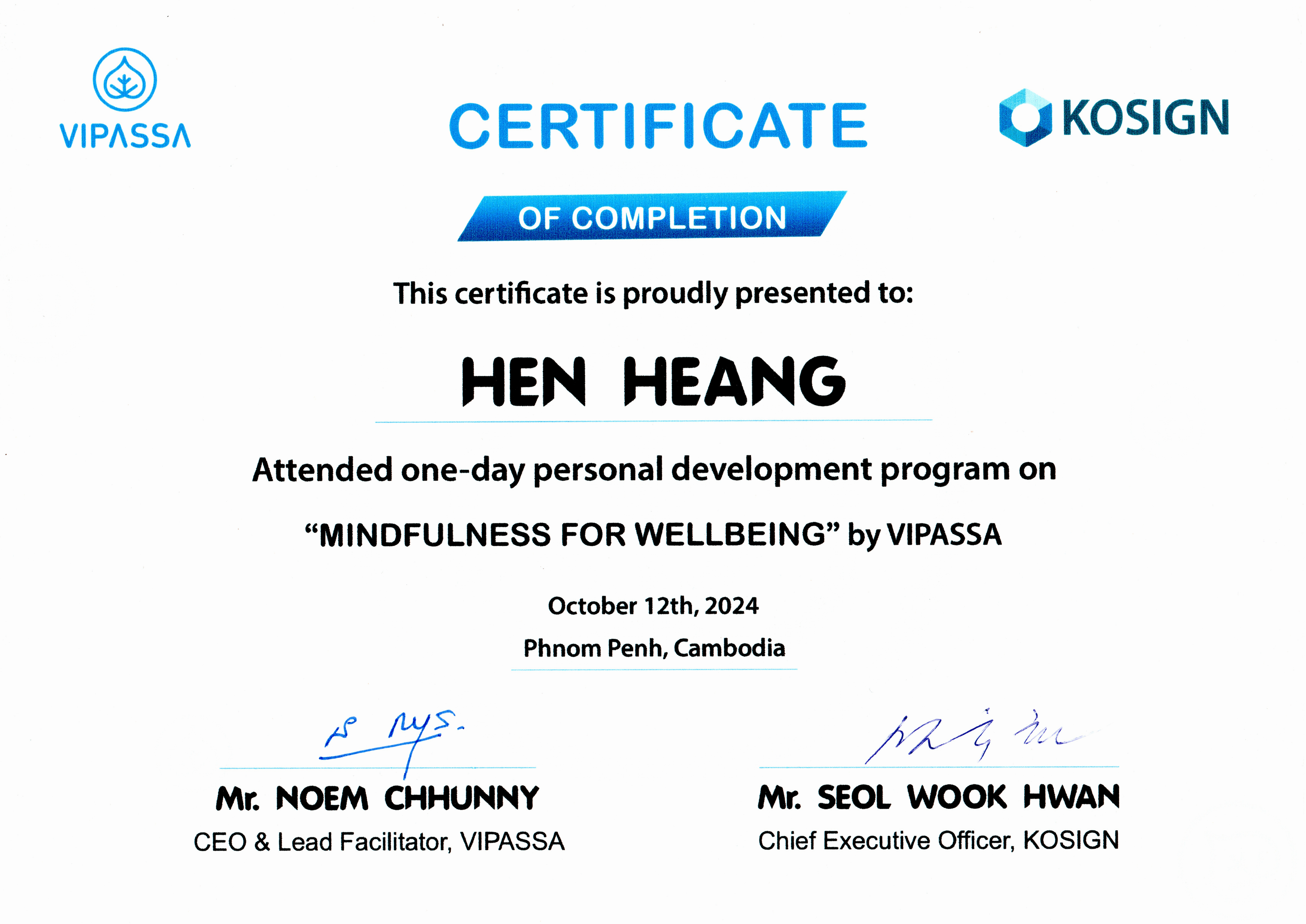 Mindfulness for Wellbeing — Certificate of Completion from KOSIGN [Korea Software Innovation Global Network]