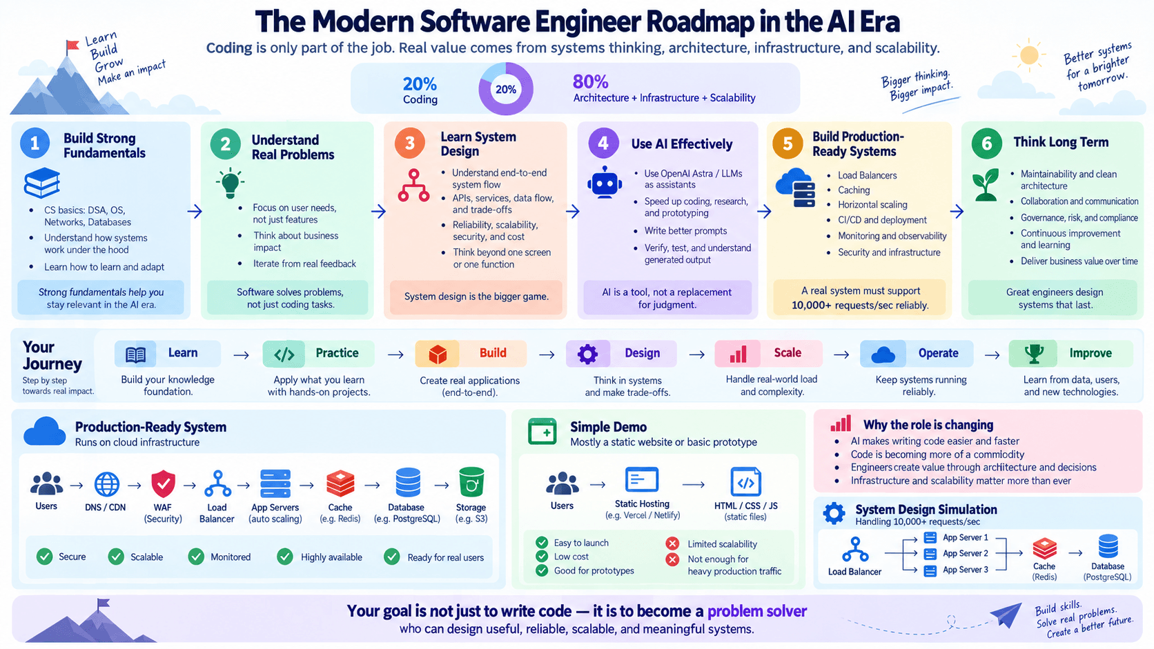 Modern Software Engineer roadmap showing six stages from fundamentals through long-term improvement